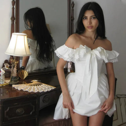 Load image into Gallery viewer, Off-shoulder Backless Sexy Mini Dress Women Robe Fashion White Strapless Sleeveless High Waist Lace Club Dress Female
