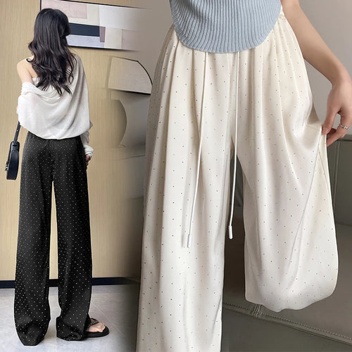 Load image into Gallery viewer, Women Black Diamond Wide Leg Long Pants 2024 Spring Summer White Straight Elastic Drawstring High Waist Lace-up Trousers Casual
