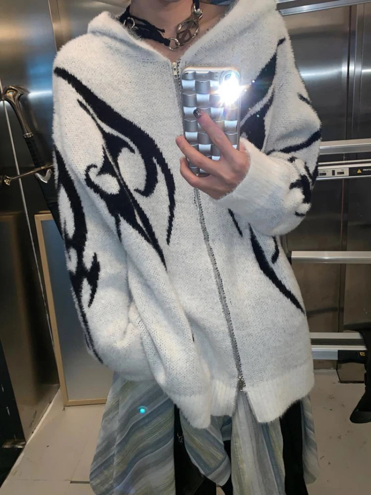 Men and Women Double Zipper  Y2k Aesthetic Cardigan Autumn Ladies Streetwear Sweater Coat Grunge Vintage Loose Hooded Cardigans