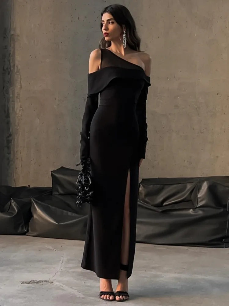 Elegant Mesh Patchwork Women Dress 2024 Fall New Sexy High Split Bodycon Long Sleeve Party Evening Dress Slim Vestido