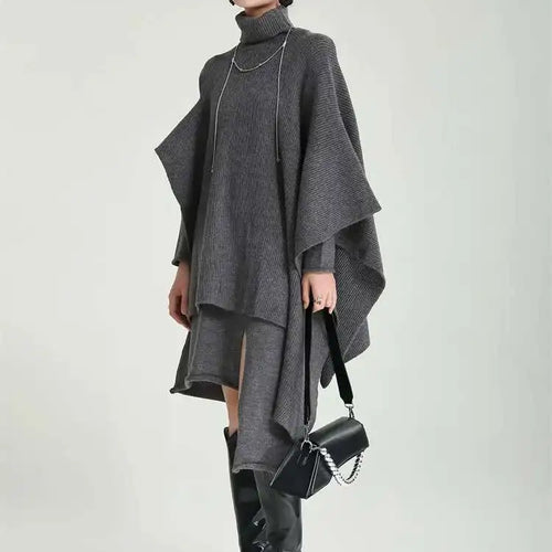 Load image into Gallery viewer, Women Gray Irregular Design Knitting Dress New Turtleneck Long Sleeve Loose Fit Fashion Tide Spring Autumn 2025 1DF2618
