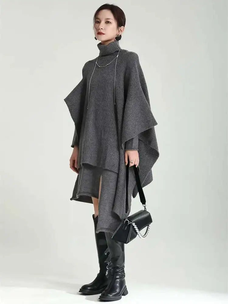 Women Gray Irregular Design Knitting Dress New Turtleneck Long Sleeve Loose Fit Fashion Tide Spring Autumn 2025 1DF2618