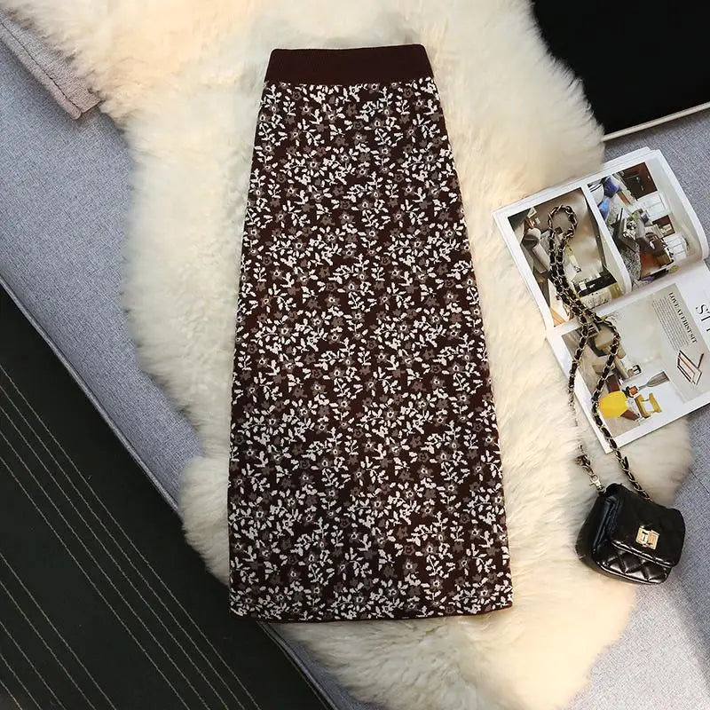 Vintage Elegant High Waist Knitted Midi Skirt Women Winter Spring Autumn Print Skirts Female A-line Ladies Pencil Wrap Skirt