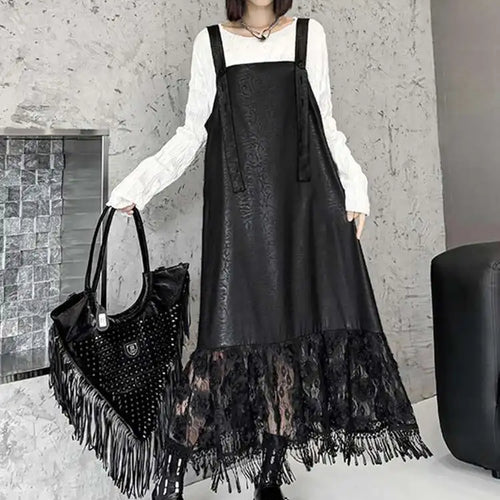 Load image into Gallery viewer, Women Black Pu Leather Hem Lace Big Size Strap Dress New Square Collar Sleeveless Fashion Tide Spring Autumn 2025 1DH7279
