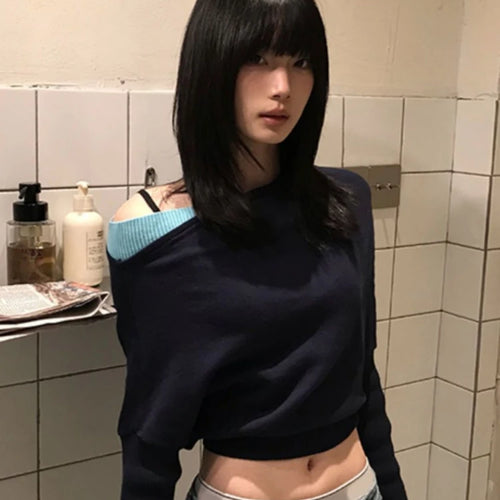 Load image into Gallery viewer, 2025 Women Knitted Patchwork Skew Collar T-shirts Y2k Aesthetic Batwing Sleeve Sexy Tops Streetwear Vintage Grunge Cropped Tees
