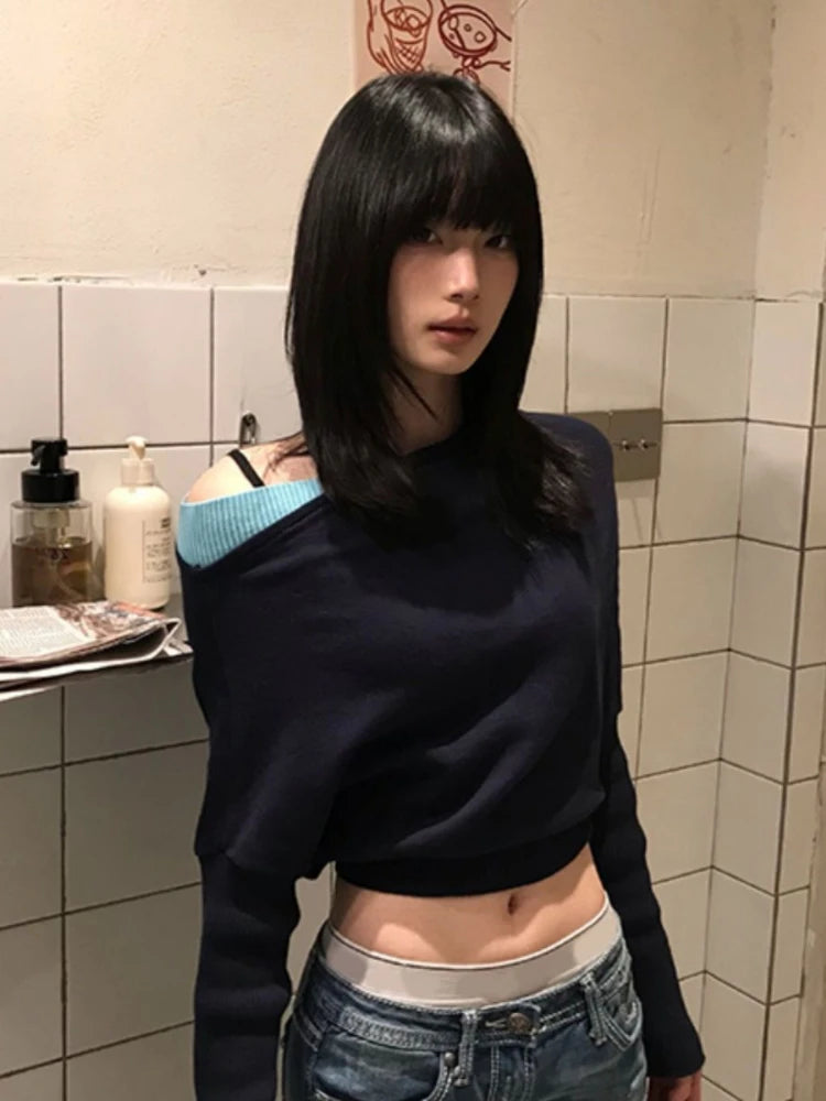 2025 Women Knitted Patchwork Skew Collar T-shirts Y2k Aesthetic Batwing Sleeve Sexy Tops Streetwear Vintage Grunge Cropped Tees