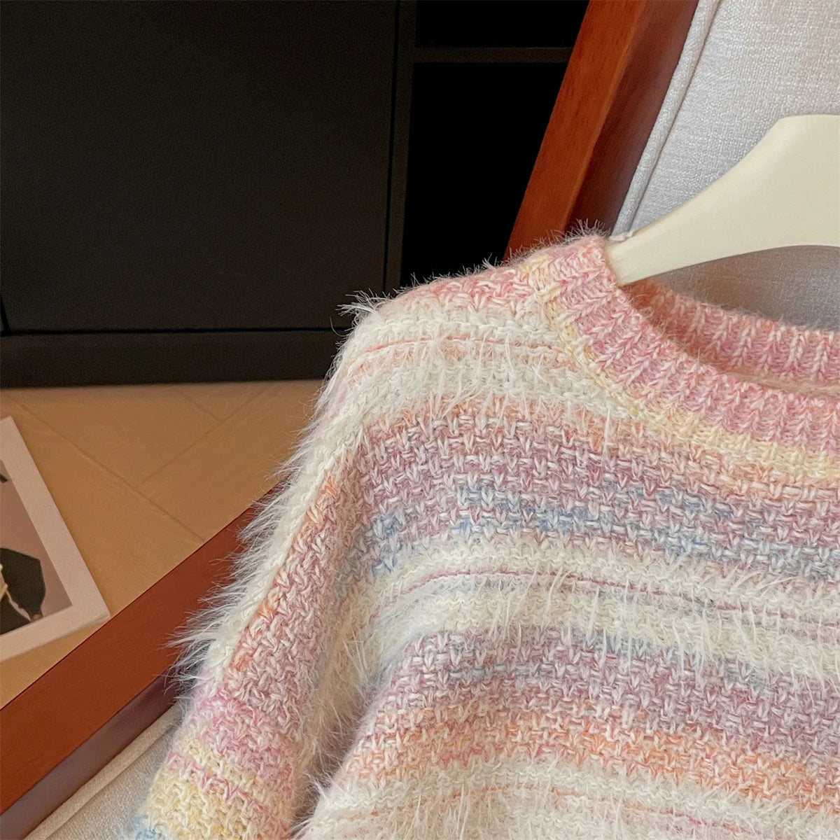 French Retro Fashion Women's Sweet Rainbow Round Neck Long Sleeve Knit Sweater Autumn Winter Vacation Short Pullover Tops Trendy