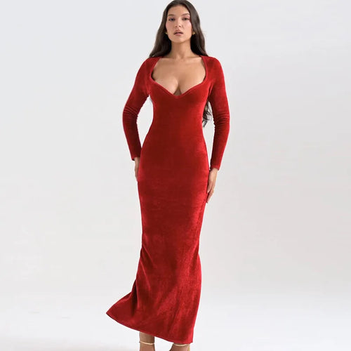 Load image into Gallery viewer, Velvet Long Sleeve Sexy Maxi Dress For Women Elegant V Neck Back Slit Bodycon Sexy Club Party Dress Clubwear Dresses
