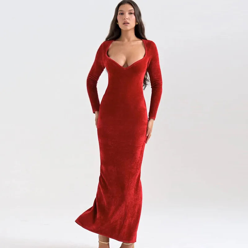 Velvet Long Sleeve Sexy Maxi Dress For Women Elegant V Neck Back Slit Bodycon Sexy Club Party Dress Clubwear Dresses