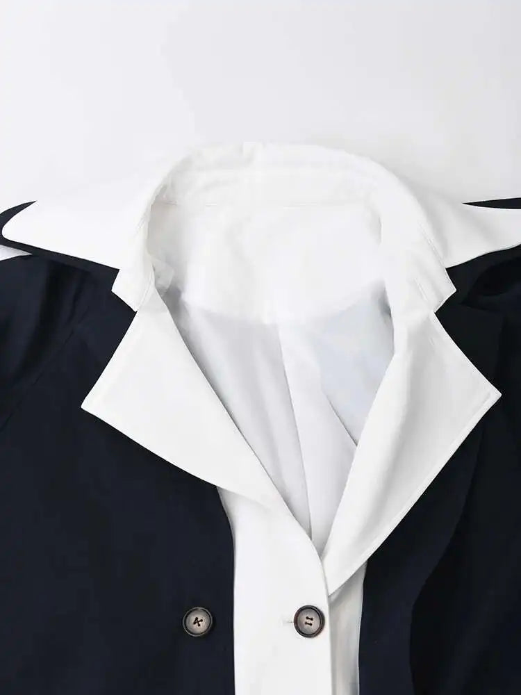 Women Dark Blue Color-block Big Size Trench New Lapel Long Sleeve Windbreaker Fashion Tide Spring Autumn 2025 CPDB001
