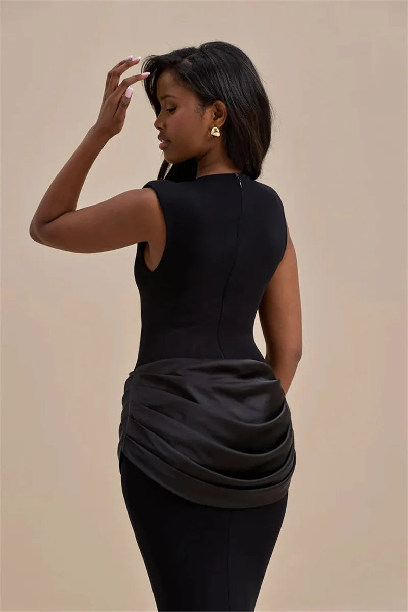 Sleeveless Ruched Sexy Maxi Dress For Women Gown Fashion Black O Neck High Waist Bodycon Club Party Long Dress Vestido