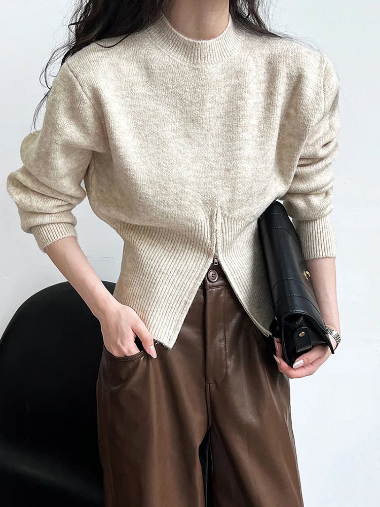 Gray Hen Zipper Big Size Knitting Sweater Round Neck Long Sleeve Women Pullovers New Fashion Spring Autumn 2025 1DH1073