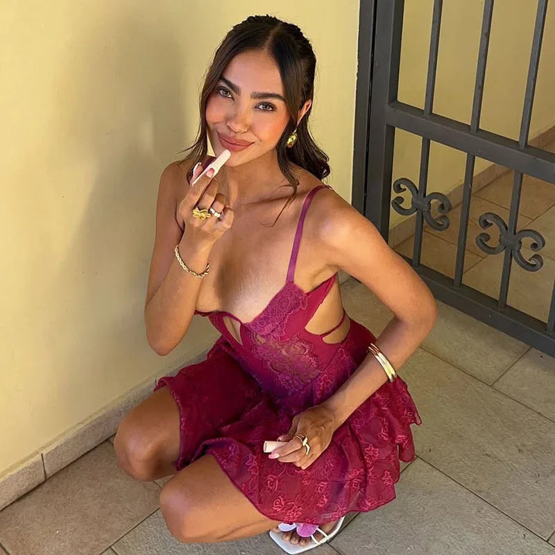 Lace Spaghetti Strap Sexy Mini Dress For Women Fashion Hollow Out Sleeveless Backless High Waist Ruffled Dress Elegant