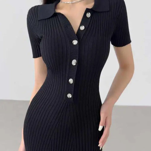 Load image into Gallery viewer, Korean Version Summer Solid Elegant Office Lady Button Knitted Long Dress Women's Slim Short Sleeve Wrapped Hip Fishtail Dresses
