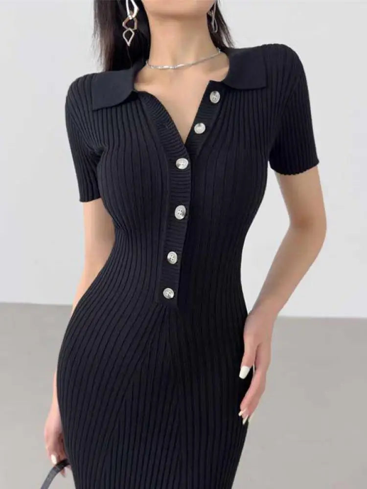Korean Version Summer Solid Elegant Office Lady Button Knitted Long Dress Women's Slim Short Sleeve Wrapped Hip Fishtail Dresses