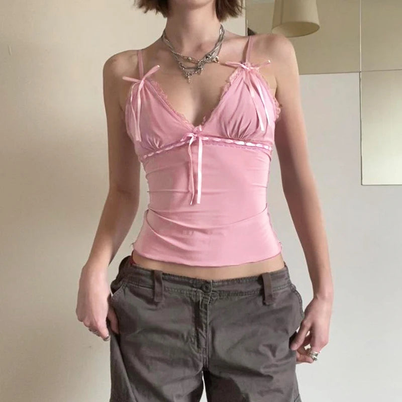 Coquette Pink Bow Lace Trim Summer Camis Tops Korean Fashion Hotsweet Cropped Top Female Strap 2000s Aesthetic Skinny