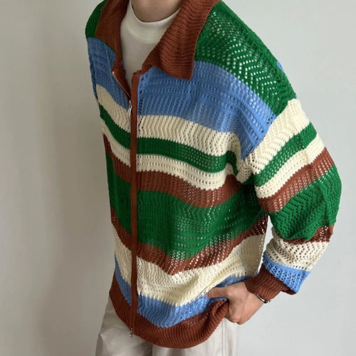 Load image into Gallery viewer, 2025 Contrast Color Striped Dual Zippers Cardigan Japanese Hollow Out Men and Women Jackets Y2k Aesthetic Streetwear Women Tops
