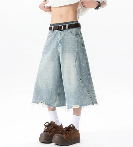 Men's Seven Point Jeans Washed Loose Distressed Male Summer High Street Edge Design Personalized Casual Shorts 9W1517