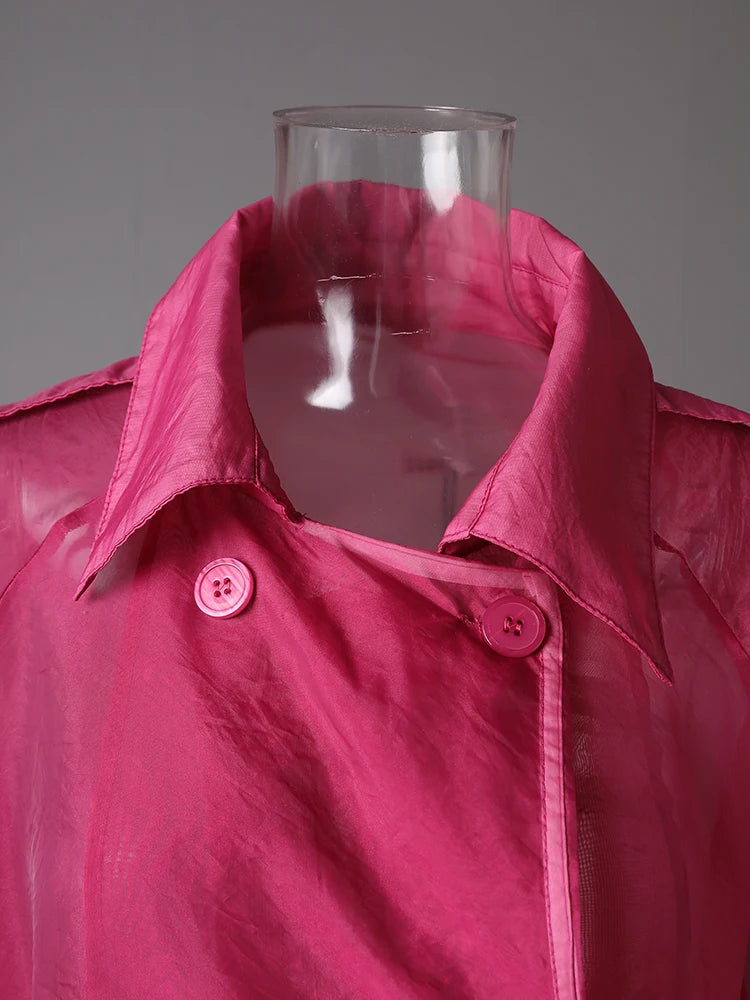 Women Rose Red Mesh Perspective Big Size Long Trench New Lapel Long Sleeve Windbreaker Fashion Spring Autumn 2025 5R4385