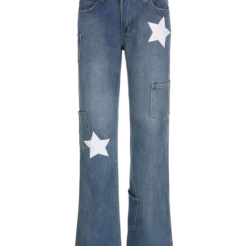 Load image into Gallery viewer, Y2K Streetwear Star Print Low Rise Flared Jeans Female Retro Distressed Burr Denim Trousers Pockets Aesthetic Outfits
