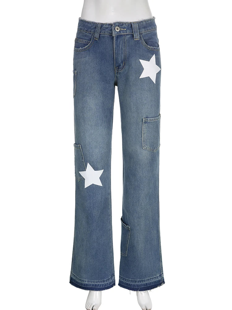 Y2K Streetwear Star Print Low Rise Flared Jeans Female Retro Distressed Burr Denim Trousers Pockets Aesthetic Outfits