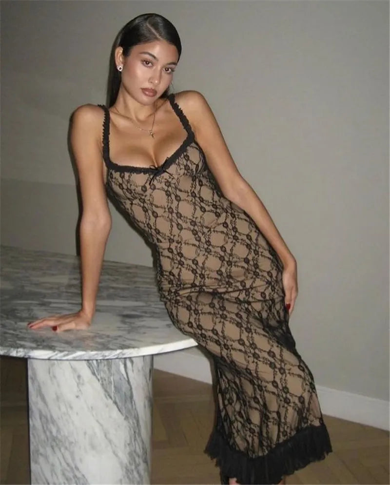 Elegant Lace Print Sexy Maxi Dress For Women Spaghetti Strap Sleeveless Backless Bodycon Club Party Sexy Long Dress