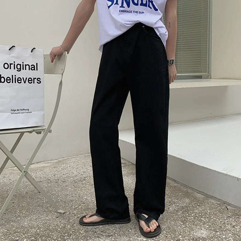 Simple Men's Casual Pants Korean Style Solid Color Washing Straight Trousers Wide Leg Loose Male Bottom Stylish 2024 9C1266