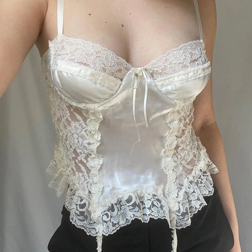 Load image into Gallery viewer, Fashion Chic White Summer Satin Top Camisole Lace Spliced Ruffles Y2K Aesthetic Party Crop Tops Female Party Outfits
