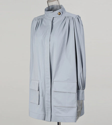 Solid Loose Spliced Crimping Fashion Jackets for Women High Neck Long Sleeves Patchwork Pockets Jacket Female New