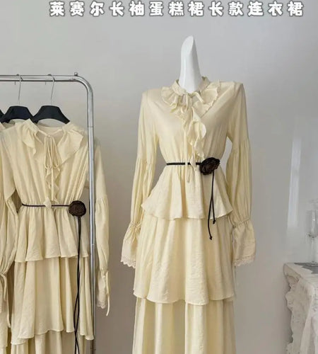 French Fashion Women's Beige Lace Long Sleeve Ruffles Lace-up Dress 2024 Autumn Vintage New High Waist Pleated Cake Dress Simple