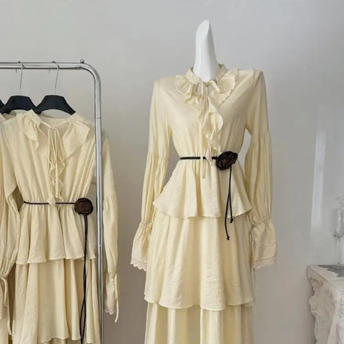 Load image into Gallery viewer, French Fashion Women's Beige Lace Long Sleeve Ruffles Lace-up Dress 2024 Autumn Vintage New High Waist Pleated Cake Dress Simple
