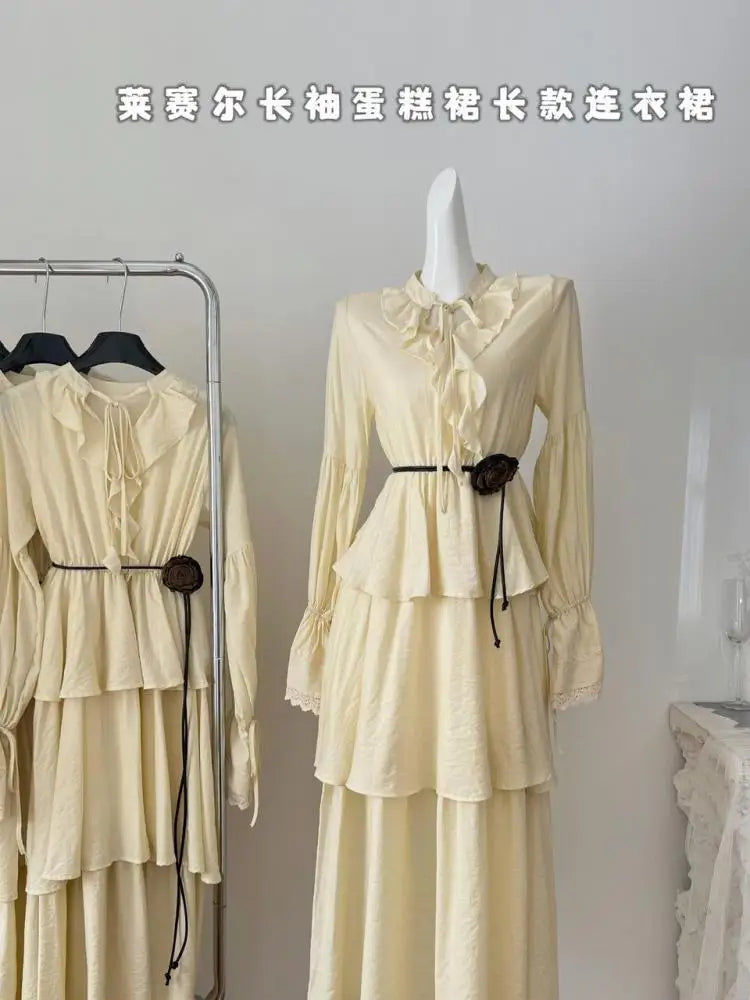 French Fashion Women's Beige Lace Long Sleeve Ruffles Lace-up Dress 2024 Autumn Vintage New High Waist Pleated Cake Dress Simple
