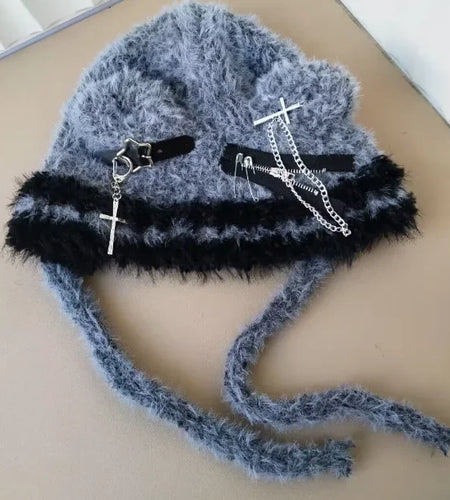 Harajuku Gothic Lolita Y2K Knitted Cat Ear Hat Women Punk Designer Cross Bat Winter Black Beanie Cute Hat Female Accessories Cap