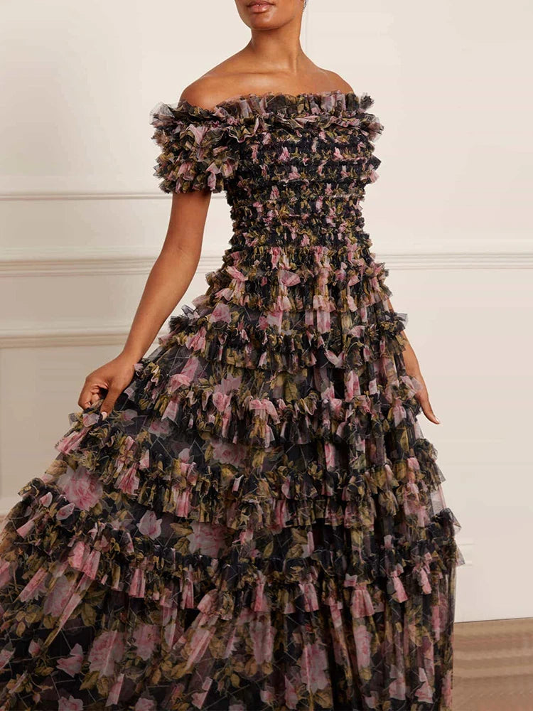 Hit Color Ptinting Patchwork Folds Casual Dresses For Women Slash Neck Short Sleeve High Waist Elegant Dress Female