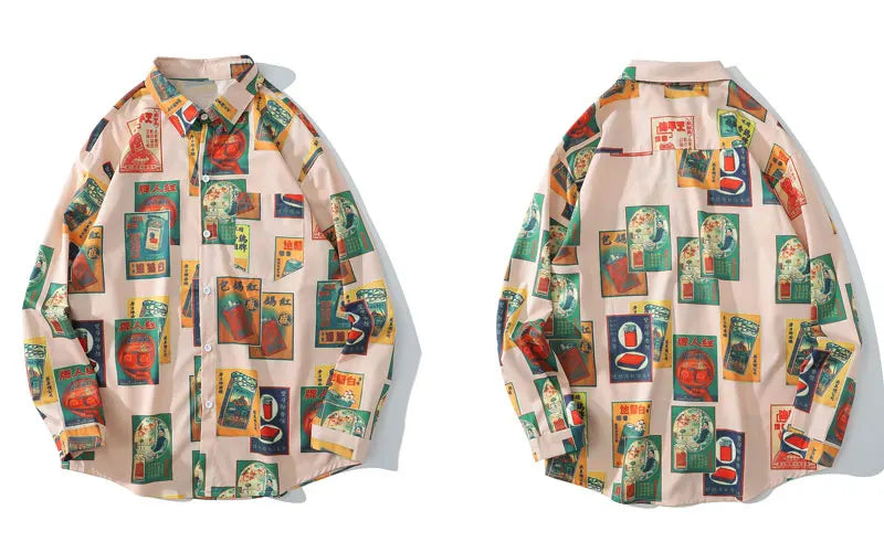 Hawaiian Beach Shirts Harajuku Vintage Poster Print Long Sleeve Aloha Party Holiday Shirt Mens Casual Button Down Tops