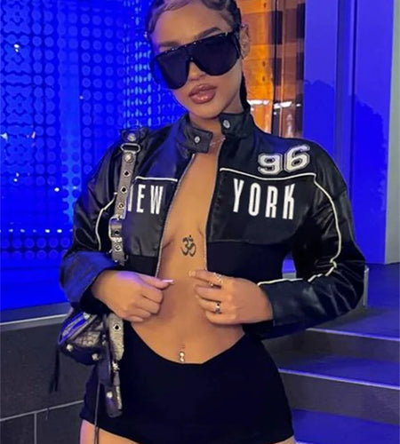 PU Patchwork Women Jacket Letter Print Hipster Button Zip Full Sleeve Trend Cool Street Wild Spring Outwear Crop Coat