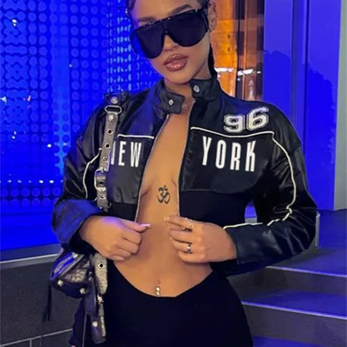 Load image into Gallery viewer, PU Patchwork Women Jacket Letter Print Hipster Button Zip Full Sleeve Trend Cool Street Wild Spring Outwear Crop Coat
