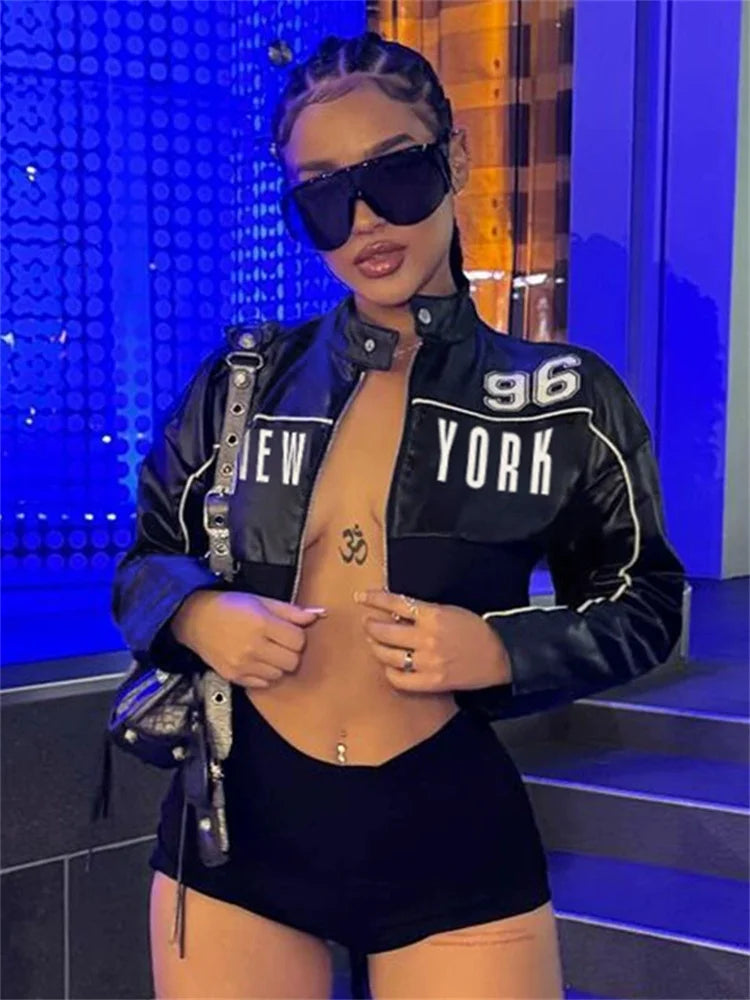 PU Patchwork Women Jacket Letter Print Hipster Button Zip Full Sleeve Trend Cool Street Wild Spring Outwear Crop Coat