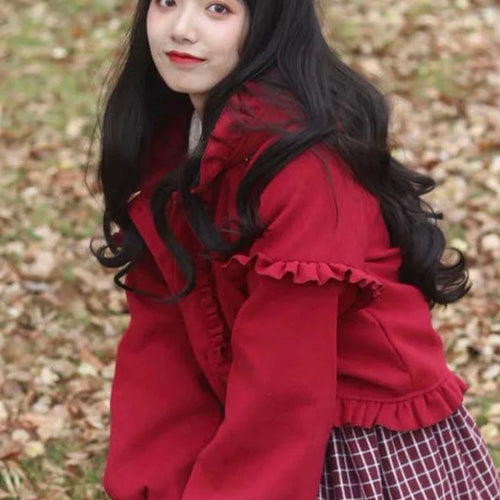 Load image into Gallery viewer, Lolita Cute Jacket Women Japanese Sweet Ruffles Kawaii Coat Tops Thicked Warm Cropped Hooded  2025 Chaqueta Mujer
