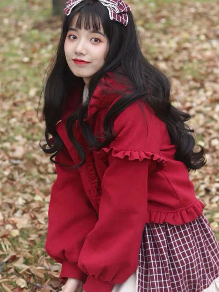 Lolita Cute Jacket Women Japanese Sweet Ruffles Kawaii Coat Tops Thicked Warm Cropped Hooded  2025 Chaqueta Mujer