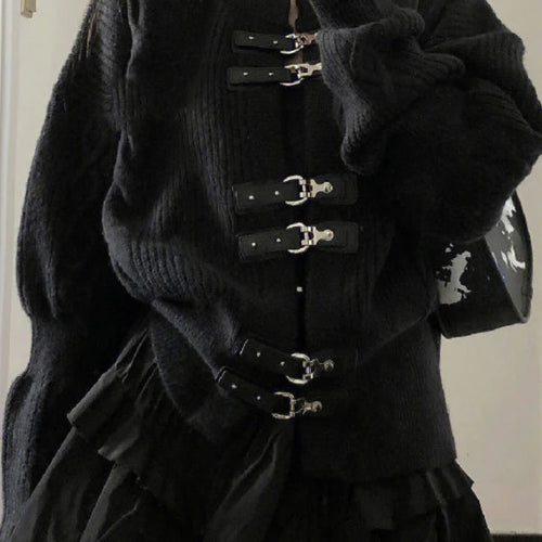 Load image into Gallery viewer, Bleted Button Black Knitted Cardigan Women Cool Punk Loose Sweater Jacket Y2k Aesthetic Tops Casual All Match Harajuku
