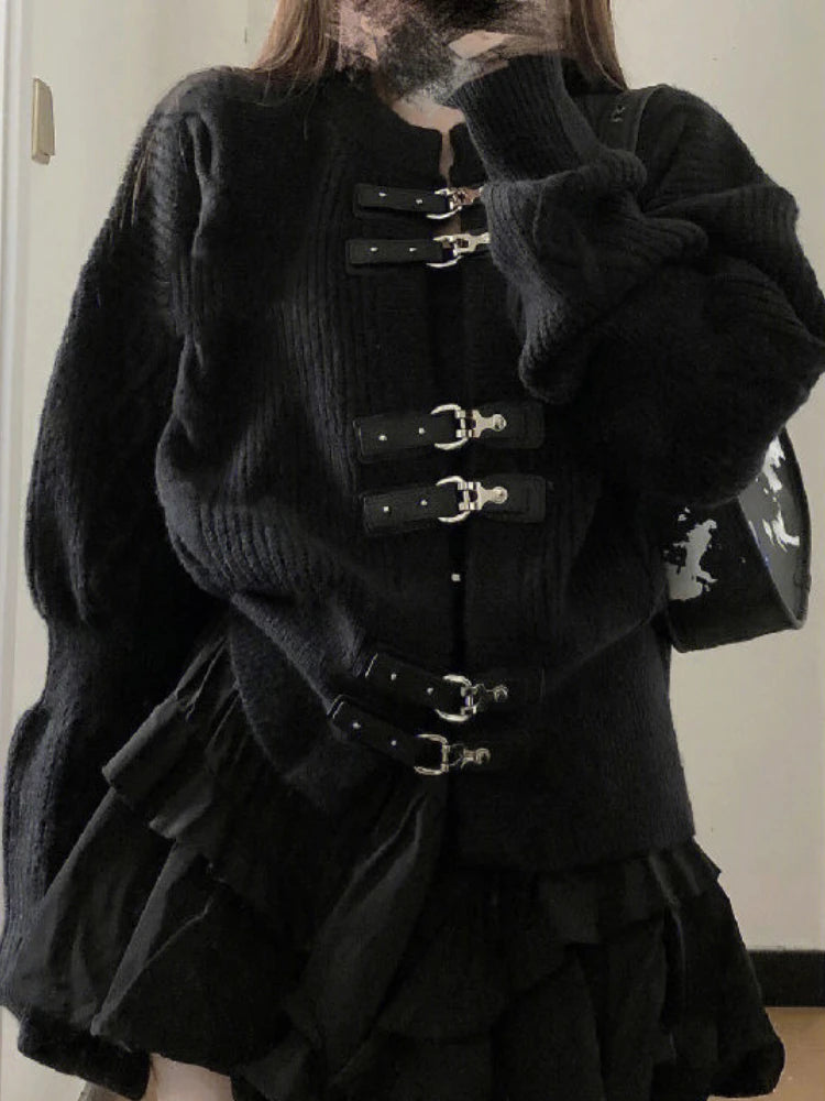 Bleted Button Black Knitted Cardigan Women Cool Punk Loose Sweater Jacket Y2k Aesthetic Tops Casual All Match Harajuku