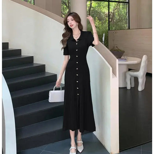 Load image into Gallery viewer, Spring Summer 2025 New Korean Style Black Beige Slim Short Sleeves Dress Women Fashion Green Elegant Single Breasted Long Dress

