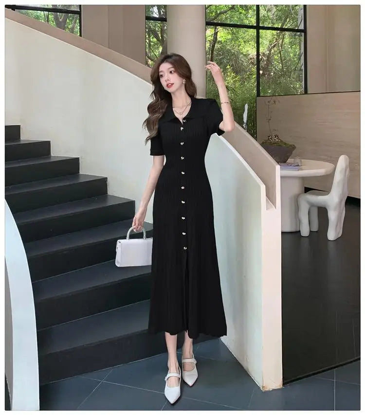 Spring Summer 2025 New Korean Style Black Beige Slim Short Sleeves Dress Women Fashion Green Elegant Single Breasted Long Dress