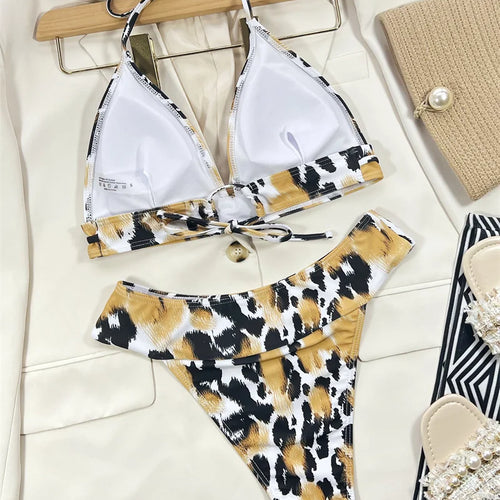 Load image into Gallery viewer, Leopard Print High Cut Bikini Set Female High Waist Swimsuit Women Swimwear Metal Ring Bathing Suit for Women
