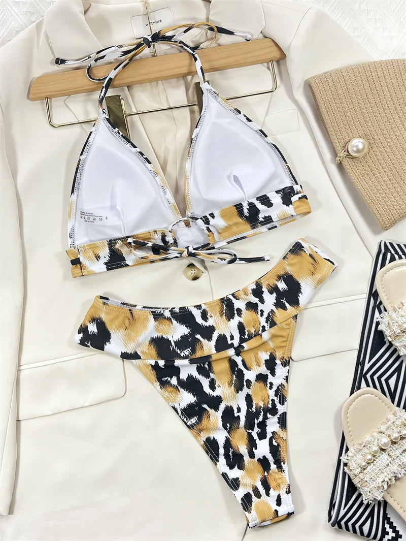 Leopard Print High Cut Bikini Set Female High Waist Swimsuit Women Swimwear Metal Ring Bathing Suit for Women