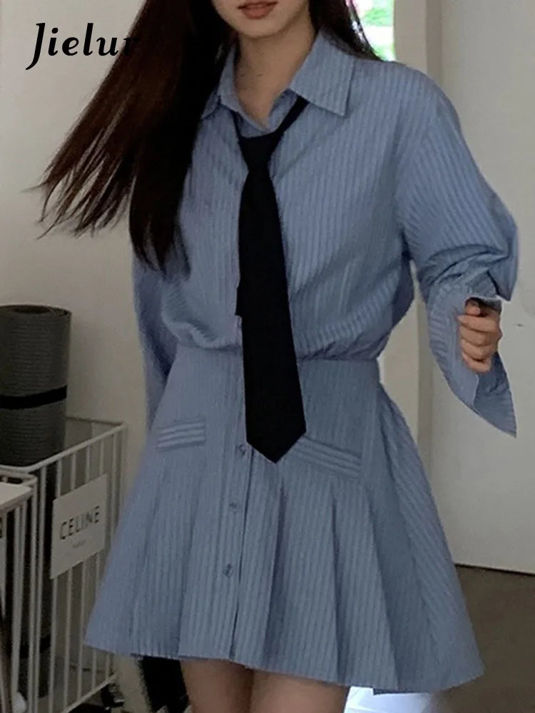 Preppy Style Tie Striped Women's Dresses Spell Color Slim Waist French Elegant Female Dress Party Club Chic Office Lady