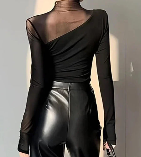 Summer Mesh Sexy T-Shirts Tops for Women Blue Black Long Sleeve Woman Asymmetric Skinny Green Tops Blouse