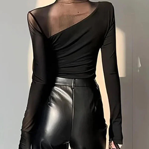 Load image into Gallery viewer, Summer Mesh Sexy T-Shirts Tops for Women Blue Black Long Sleeve Woman Asymmetric Skinny Green Tops Blouse
