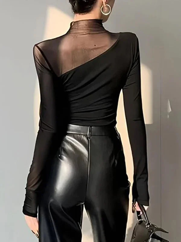 Summer Mesh Sexy T-Shirts Tops for Women Blue Black Long Sleeve Woman Asymmetric Skinny Green Tops Blouse